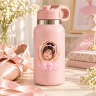 Personalized ballerina portrait UV DTF transfer on a blush bottle