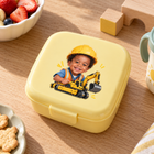Personalized construction portrait UV DTF transfer on a yellow snack container