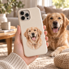 Personalized golden retriever portrait UV DTF transfer on a phone case