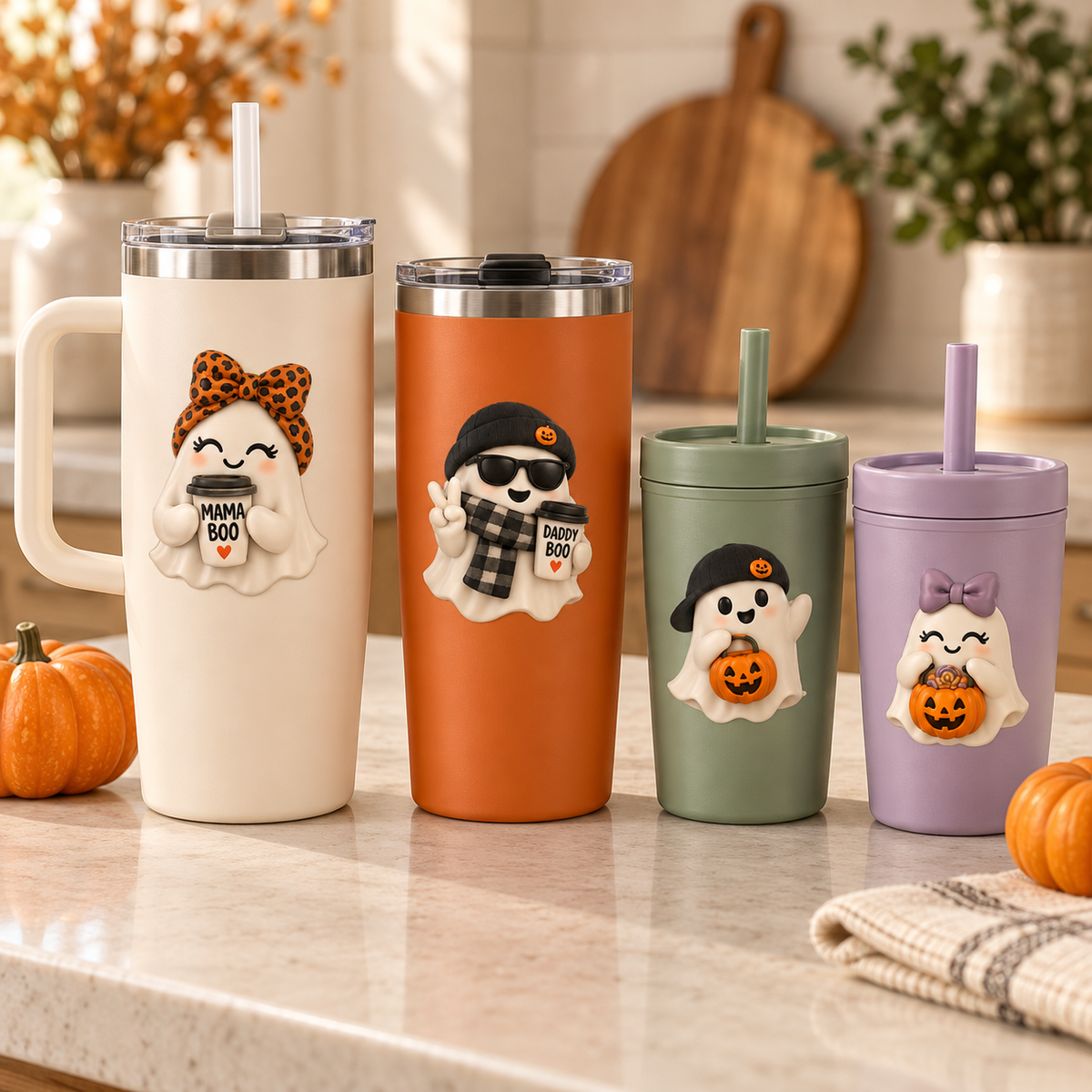 Boo Crew Family Halloween UV DTF designs on a drinkware set