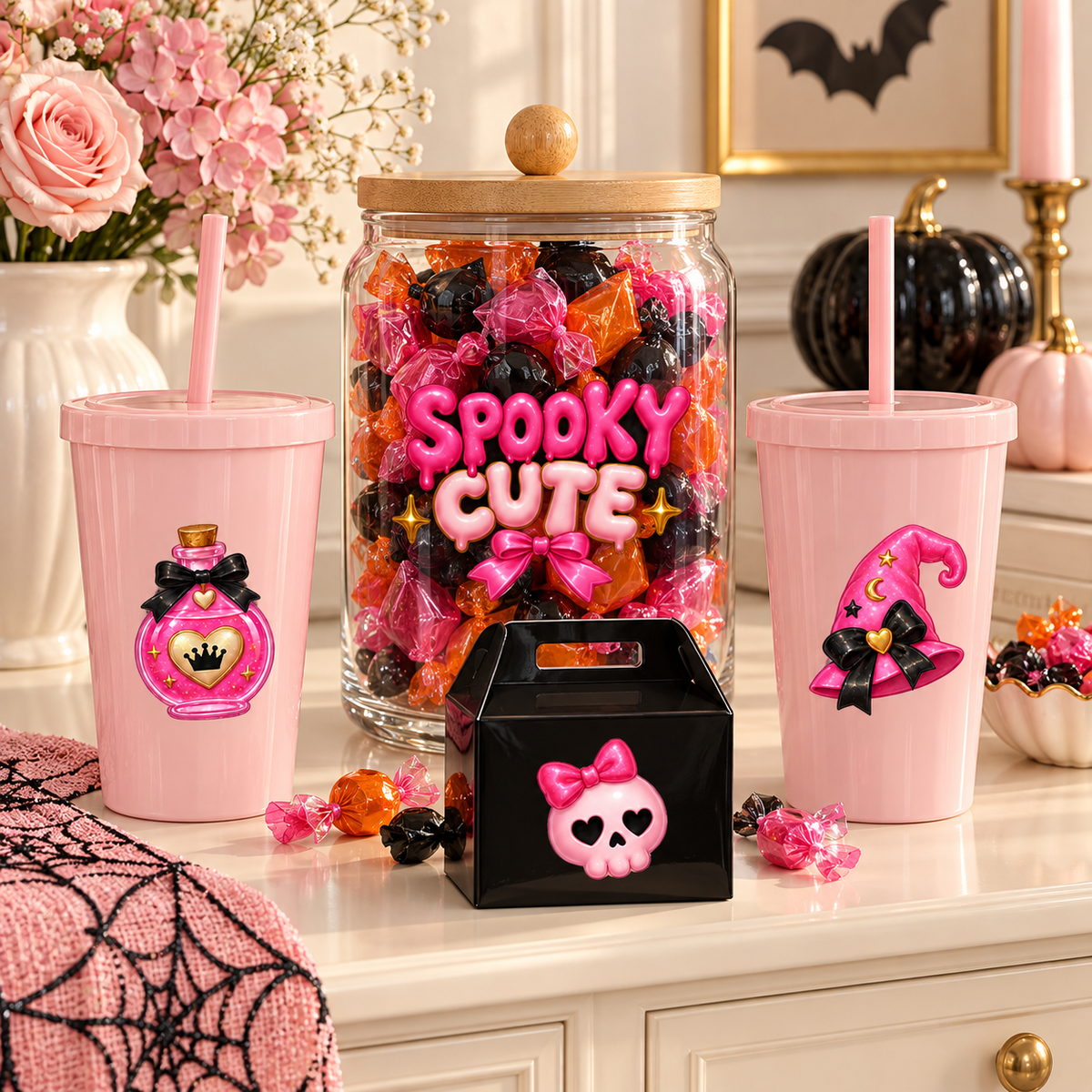 Pink Halloween UV DTF designs displayed on a Halloween candy station
