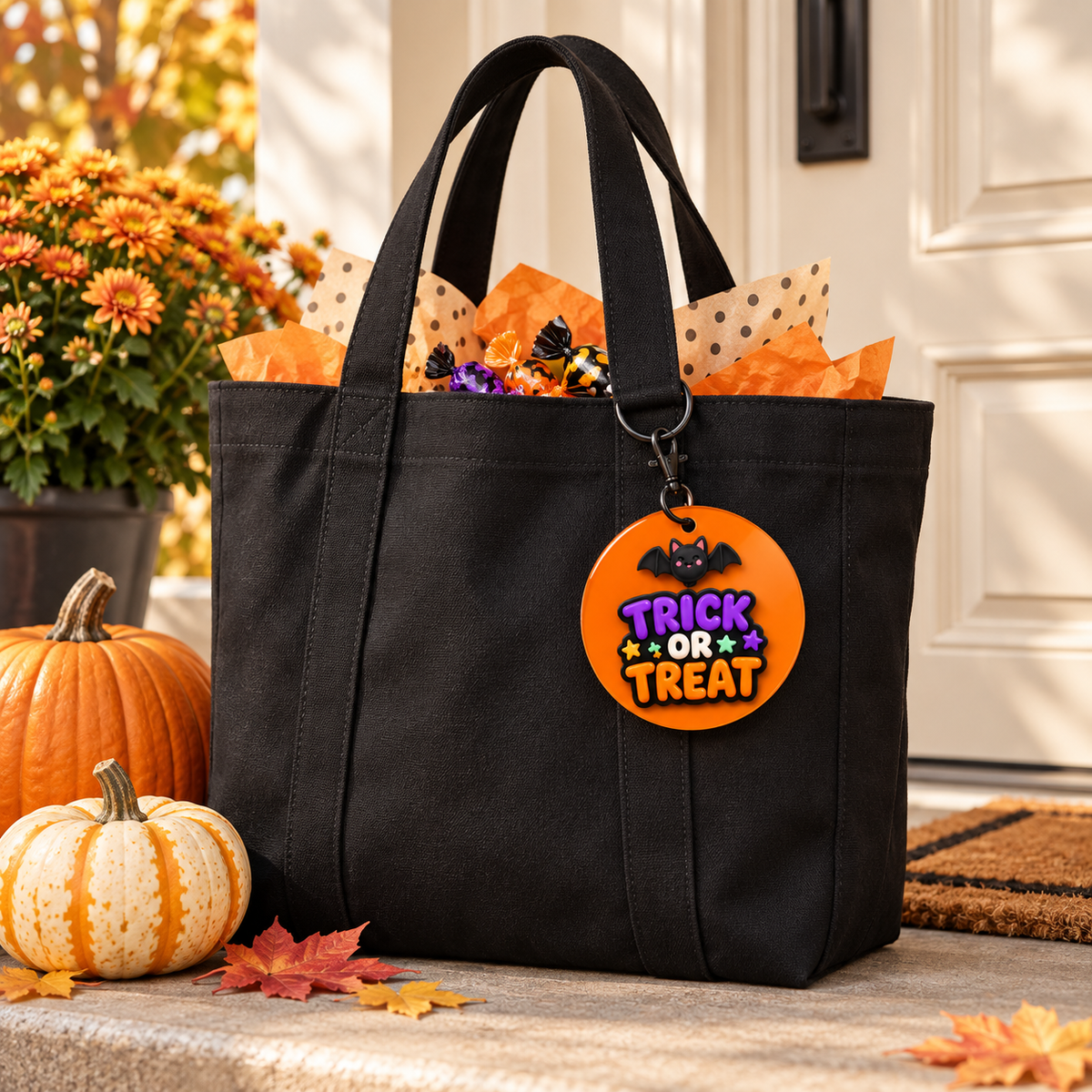 Halloween UV DTF designs on a trick-or-treat tote with an acrylic tag