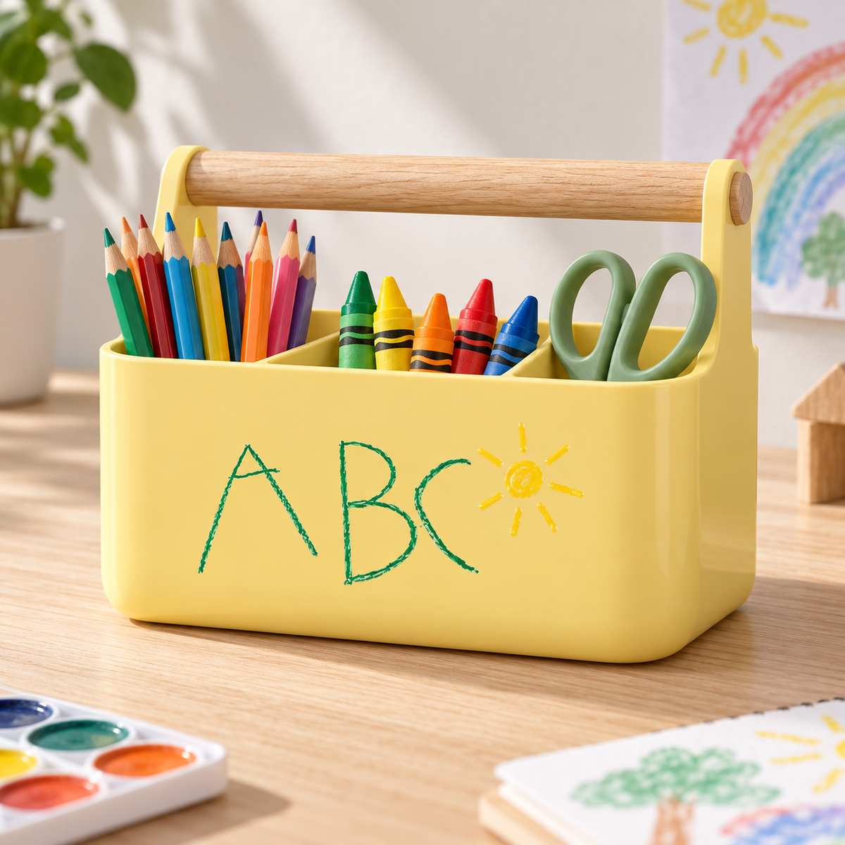 ABC crayon artwork applied to a butter-yellow kids caddy
