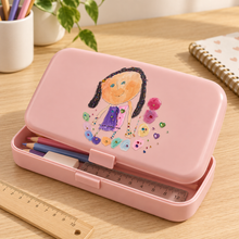 Child’s artwork applied to a blush pink pencil box
