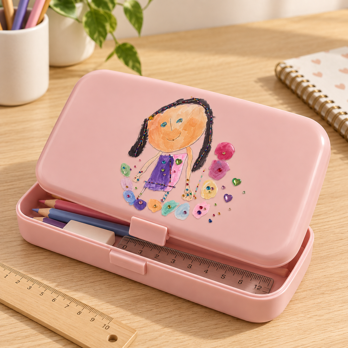 Child’s artwork applied to a blush pink pencil box