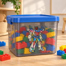 Child’s hand-drawn robot applied to a cobalt toy box