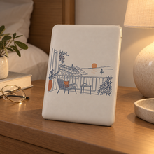 Coastal artwork applied to an e-reader