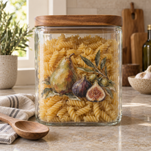 Pear and fig artwork applied to a pasta canister