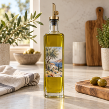 Mediterranean watercolor artwork applied to an olive oil bottle