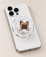 Personalized pet magnetic phone grip attached to a white iPhone