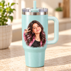 Personalized portrait UV DTF transfer on a seafoam tumbler