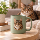 Raised personalized tabby portrait UV DTF transfer on a sage mug